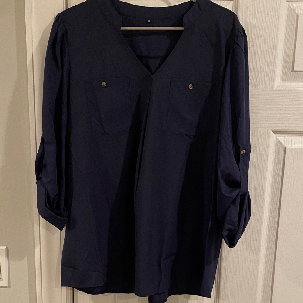 Navy Blue V-Neck Blouse